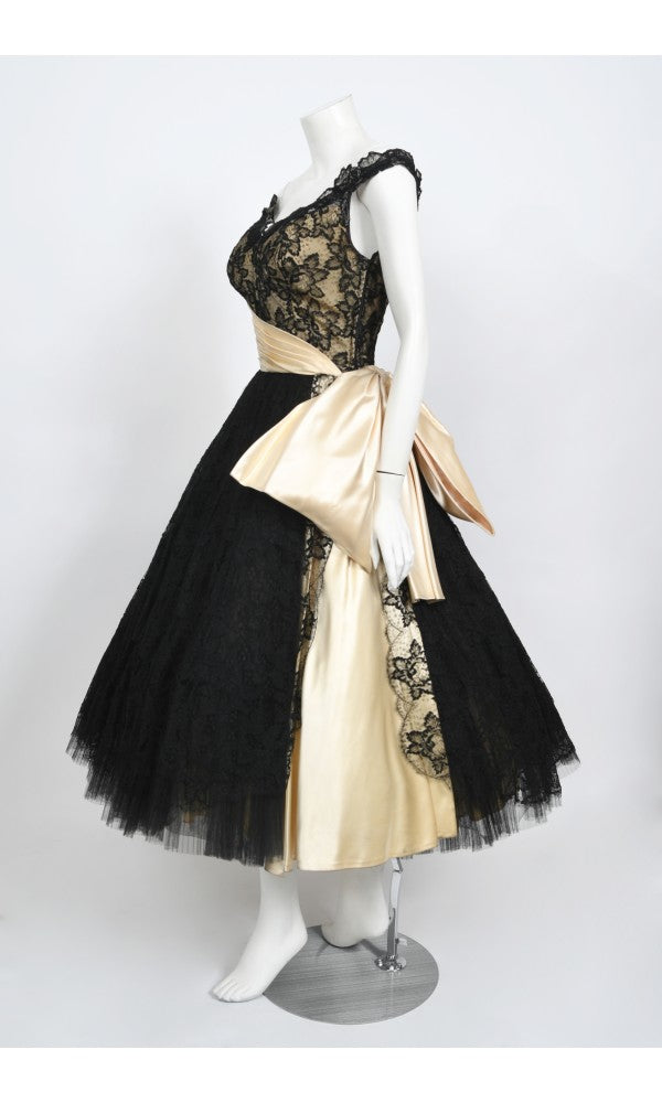 1950&#39;s Pauline Trigère Black Lace &amp; Ivory Satin Illusion Off-Shoulder ‘New Look’ Party Dress