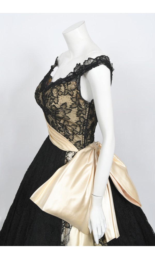 1950&#39;s Pauline Trigère Black Lace &amp; Ivory Satin Illusion Off-Shoulder ‘New Look’ Party Dress