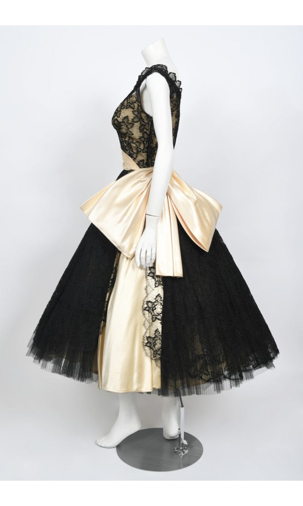 1950&#39;s Pauline Trigère Black Lace &amp; Ivory Satin Illusion Off-Shoulder ‘New Look’ Party Dress