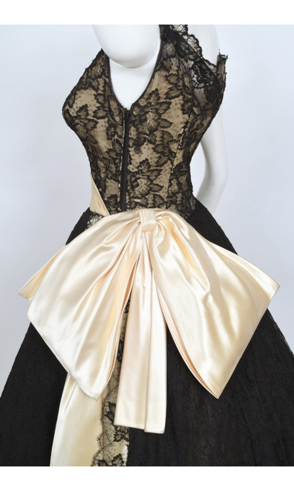 1950&#39;s Pauline Trigère Black Lace &amp; Ivory Satin Illusion Off-Shoulder ‘New Look’ Party Dress
