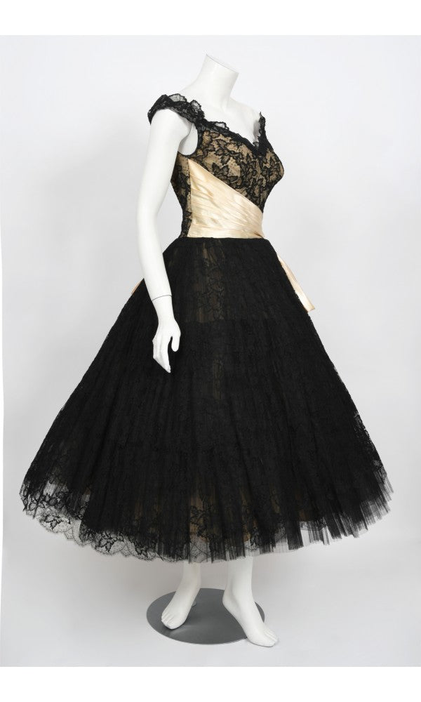 1950&#39;s Pauline Trigère Black Lace &amp; Ivory Satin Illusion Off-Shoulder ‘New Look’ Party Dress