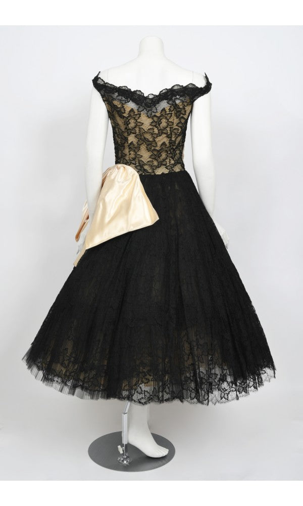 1950&#39;s Pauline Trigère Black Lace &amp; Ivory Satin Illusion Off-Shoulder ‘New Look’ Party Dress