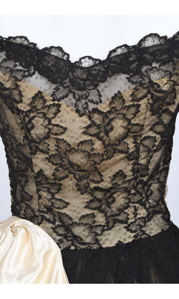 1950&#39;s Pauline Trigère Black Lace &amp; Ivory Satin Illusion Off-Shoulder ‘New Look’ Party Dress