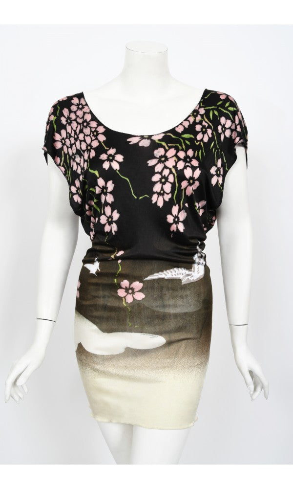 2003 Gucci by Tom Ford Runway Cherry Blossom Stretch Silk Mini Dress