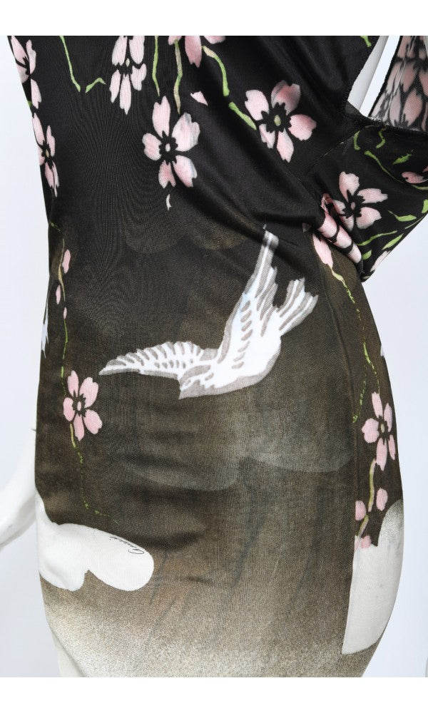 2003 Gucci by Tom Ford Runway Cherry Blossom Stretch Silk Mini Dress