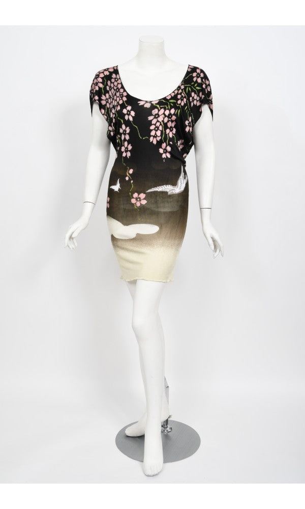 2003 Gucci by Tom Ford Runway Cherry Blossom Stretch Silk Mini Dress