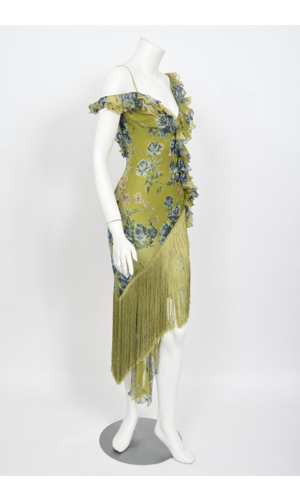 2000 Christian Dior by Galliano Green Floral Silk Fringed Bias-Cut Dress