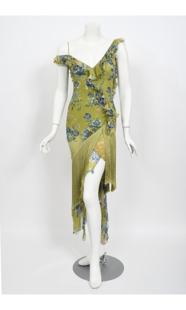 2000 Christian Dior by Galliano Green Floral Silk Fringed Bias-Cut Dress