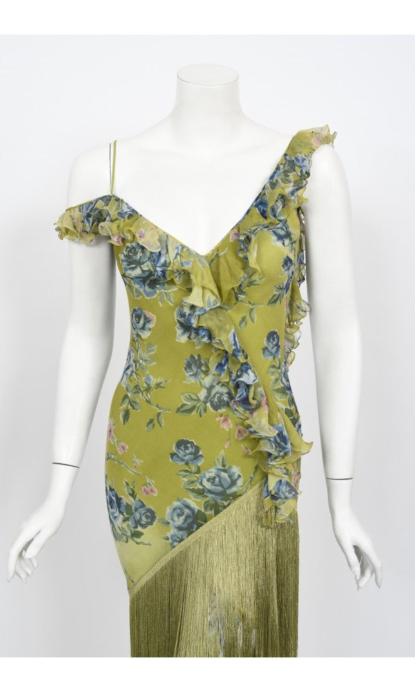 2000 Christian Dior by Galliano Green Floral Silk Fringed Bias-Cut Dress