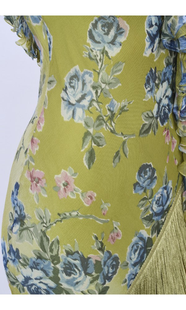 2000 Christian Dior by Galliano Green Floral Silk Fringed Bias-Cut Dress