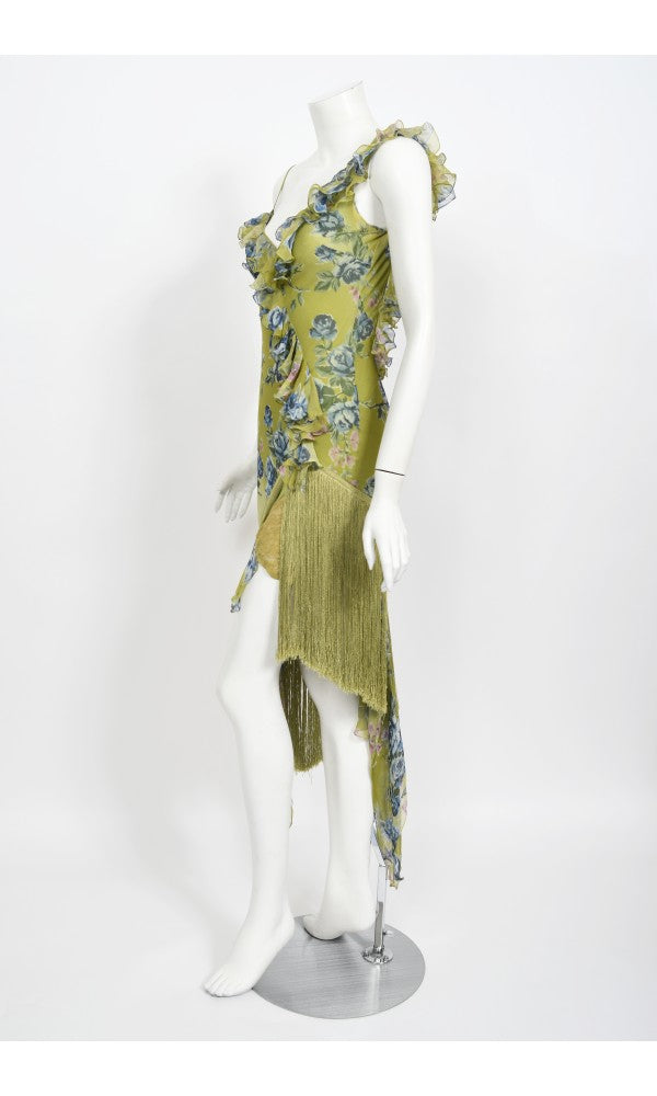2000 Christian Dior by Galliano Green Floral Silk Fringed Bias-Cut Dress