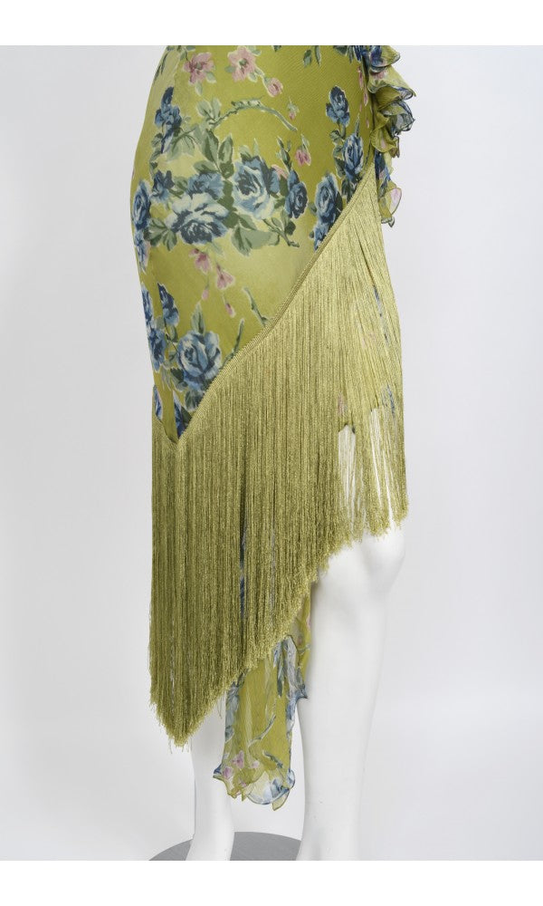2000 Christian Dior by Galliano Green Floral Silk Fringed Bias-Cut Dress