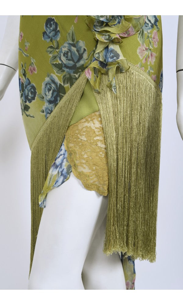 2000 Christian Dior by Galliano Green Floral Silk Fringed Bias-Cut Dress