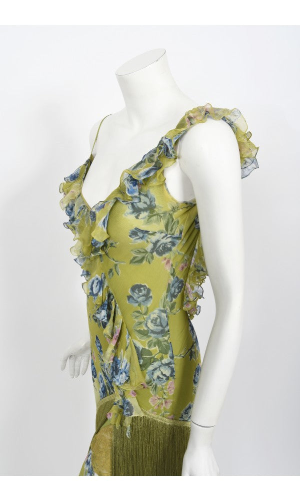 2000 Christian Dior by Galliano Green Floral Silk Fringed Bias-Cut Dress