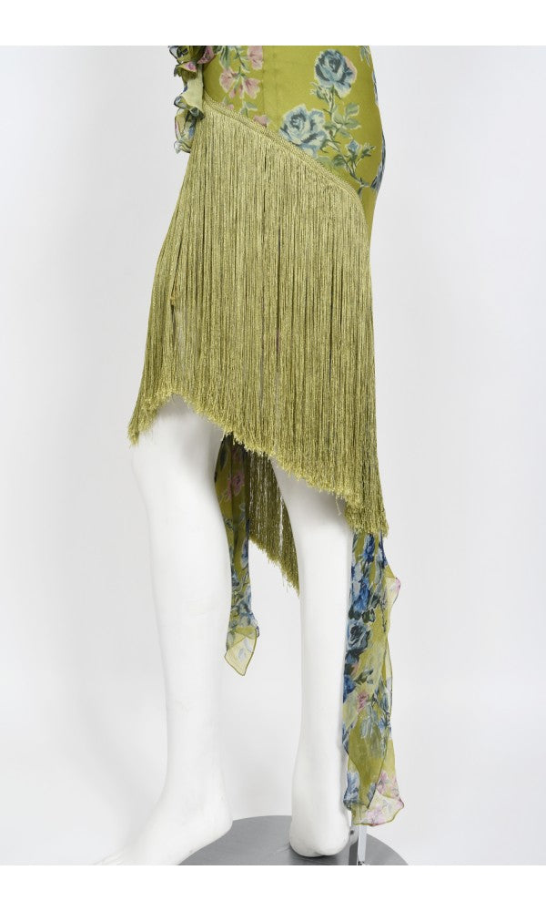 2000 Christian Dior by Galliano Green Floral Silk Fringed Bias-Cut Dress