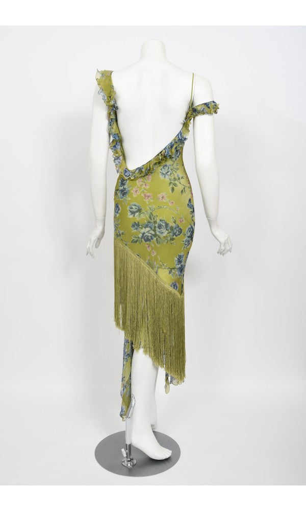 2000 Christian Dior by Galliano Green Floral Silk Fringed Bias-Cut Dress