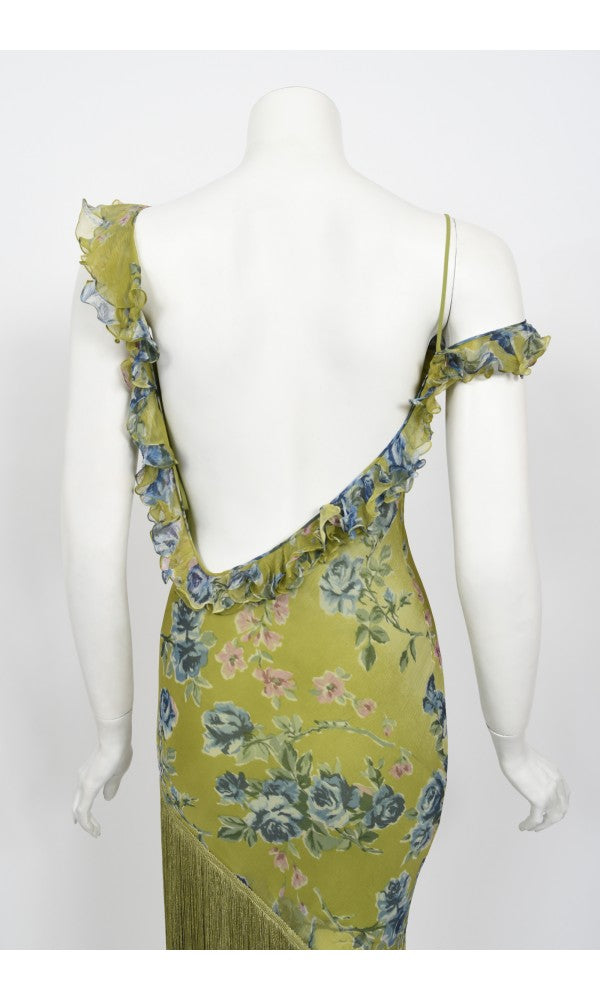 2000 Christian Dior by Galliano Green Floral Silk Fringed Bias-Cut Dress