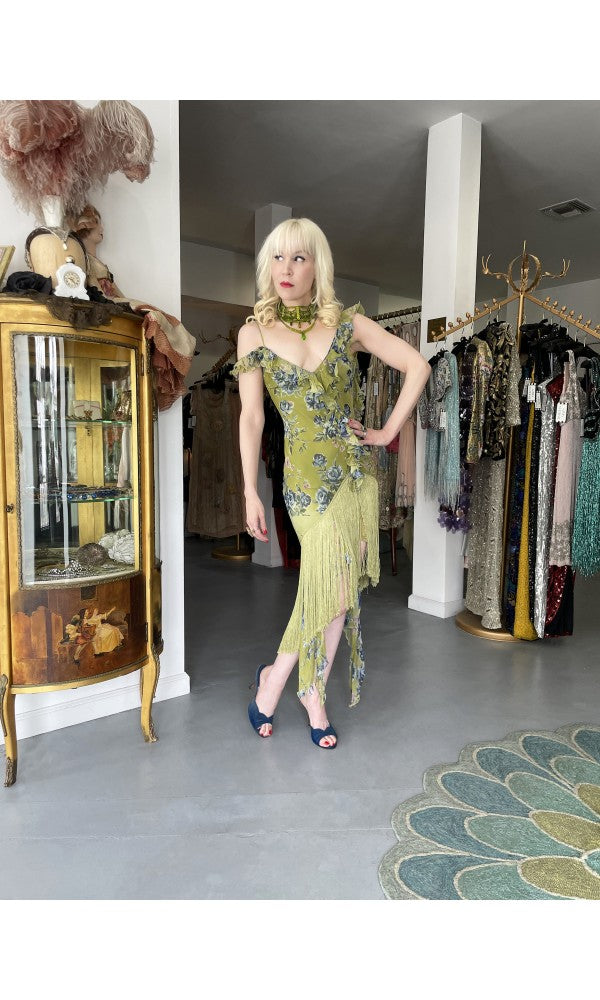 2000 Christian Dior by Galliano Green Floral Silk Fringed Bias-Cut Dre - Timeless Vixen 2000 Christian Dior by Galliano Green Floral Silk Fringed Bias-Cut Dre - Timeless Vixen