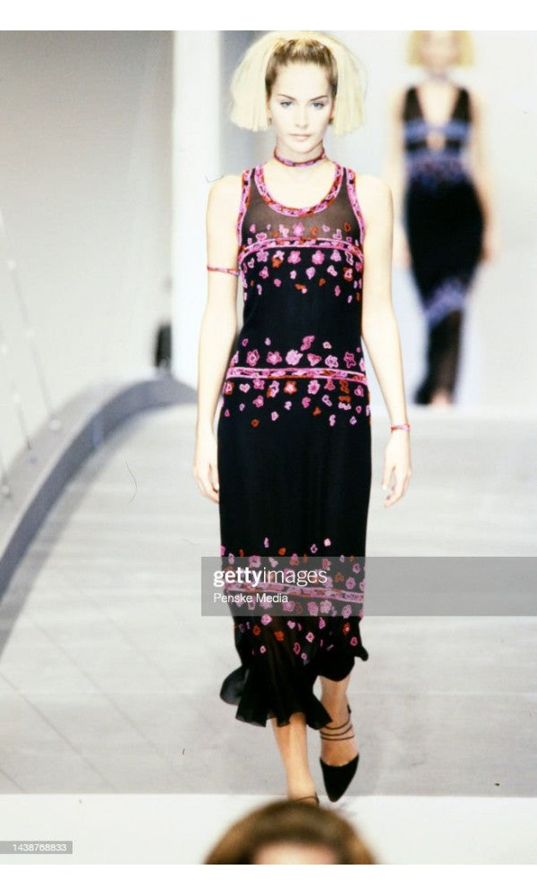 1997 Chanel by Karl Lagerfeld Runway Beaded Blue Semi-Sheer Silk Dress