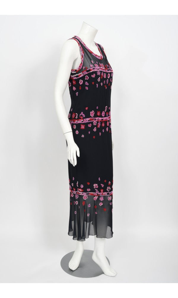 1997 Chanel by Karl Lagerfeld Runway Beaded Blue Semi-Sheer Silk Dress