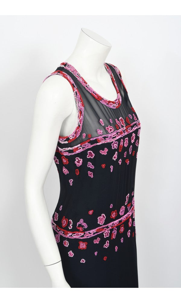 1997 Chanel by Karl Lagerfeld Runway Beaded Blue Semi-Sheer Silk Dress