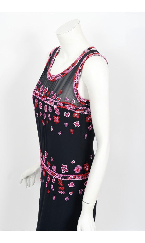 1997 Chanel by Karl Lagerfeld Runway Beaded Blue Semi-Sheer Silk Dress