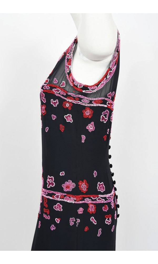 1997 Chanel by Karl Lagerfeld Runway Beaded Blue Semi-Sheer Silk Dress