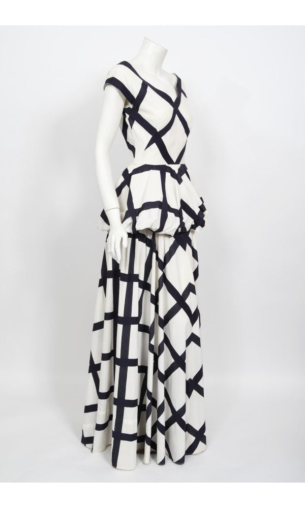 1940's Ceil Chapman Windowpane Print White Cotton Peplum Gown
