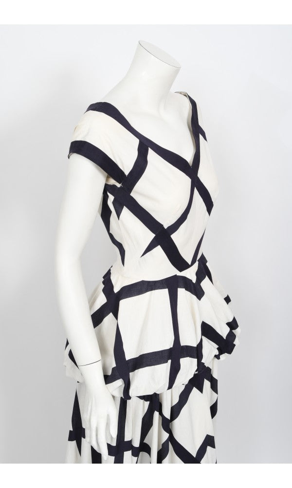 1940&#39;s Ceil Chapman Windowpane Print White Cotton Peplum Full-Skirt Gown