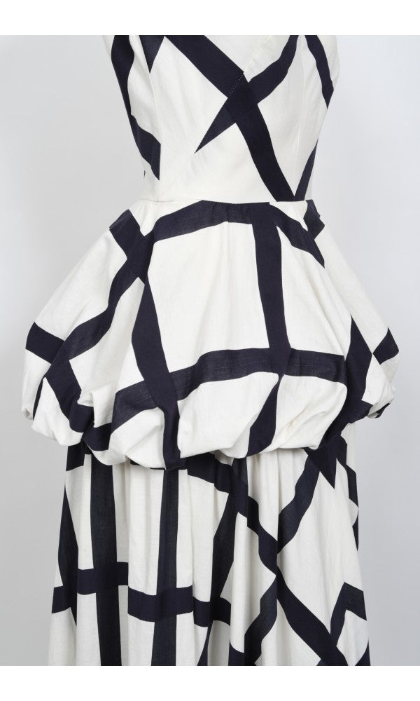 1940&#39;s Ceil Chapman Windowpane Print White Cotton Peplum Full-Skirt Gown