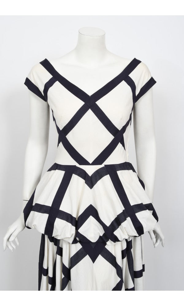 1940&#39;s Ceil Chapman Windowpane Print White Cotton Peplum Full-Skirt Gown