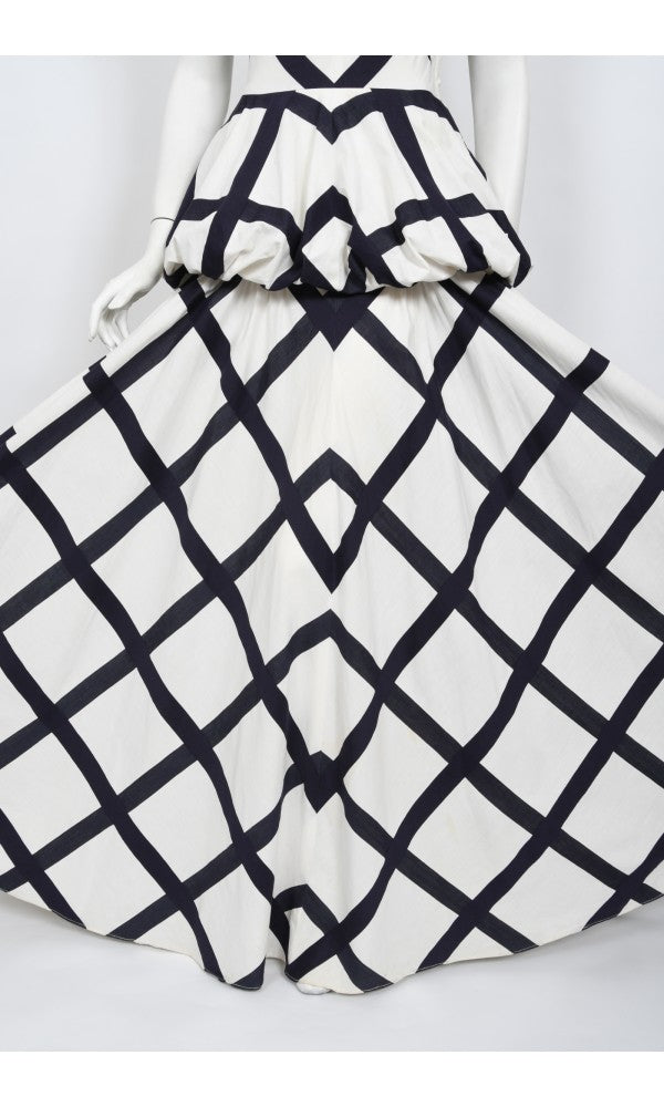 1940&#39;s Ceil Chapman Windowpane Print White Cotton Peplum Full-Skirt Gown