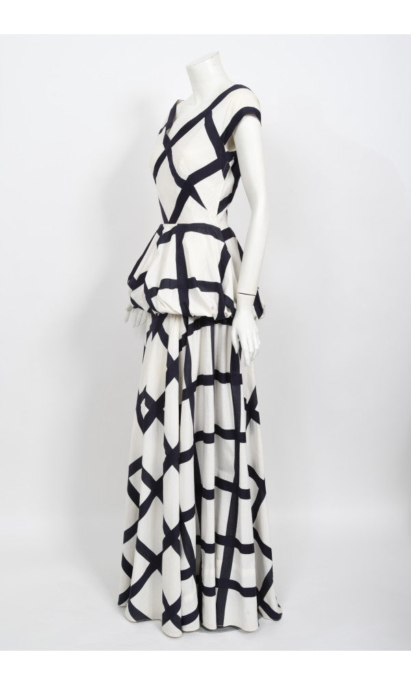 1940&#39;s Ceil Chapman Windowpane Print White Cotton Peplum Full-Skirt Gown