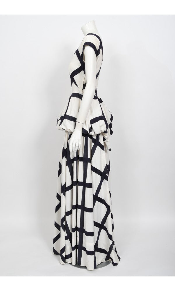 1940&#39;s Ceil Chapman Windowpane Print White Cotton Peplum Full-Skirt Gown