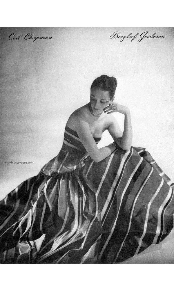 1940&#39;s Ceil Chapman Windowpane Print White Cotton Peplum Full-Skirt Gown