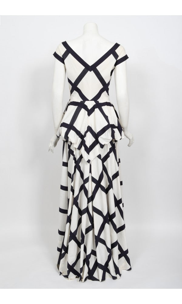 1940&#39;s Ceil Chapman Windowpane Print White Cotton Peplum Full-Skirt Gown