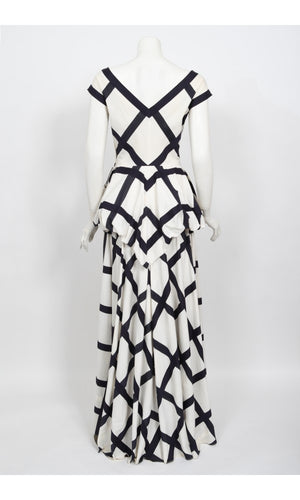1940's Ceil Chapman Windowpane Print White Cotton Peplum Full-Skirt Gown