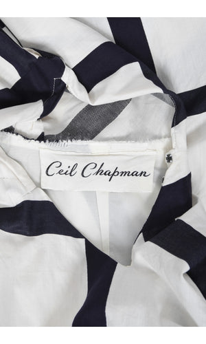 1940's Ceil Chapman Windowpane Print White Cotton Peplum Full-Skirt Gown