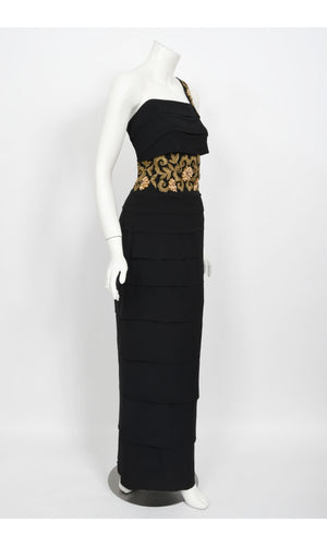 1940s Metallic Gold Embroidered Beaded Black Crepe Tiered Hourglass Gown