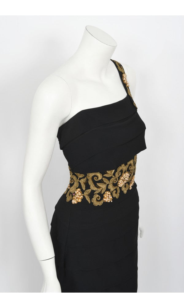 1940s Metallic Gold Embroidered Beaded Black Crepe Tiered Hourglass Gown