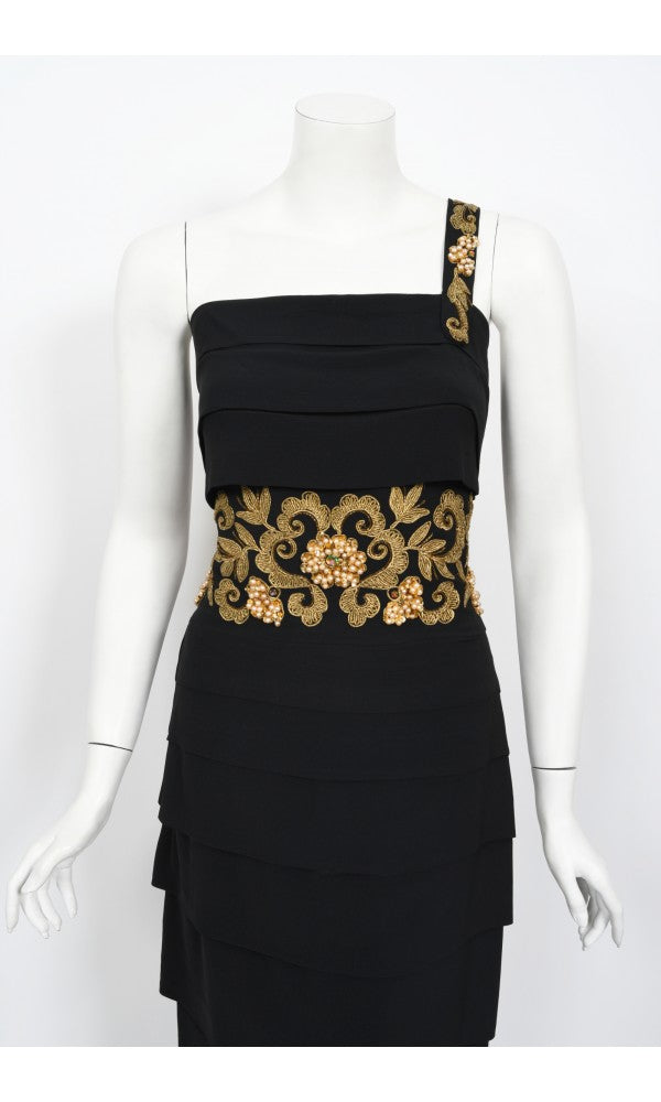 1940s Metallic Gold Embroidered Beaded Black Crepe Tiered Hourglass Gown