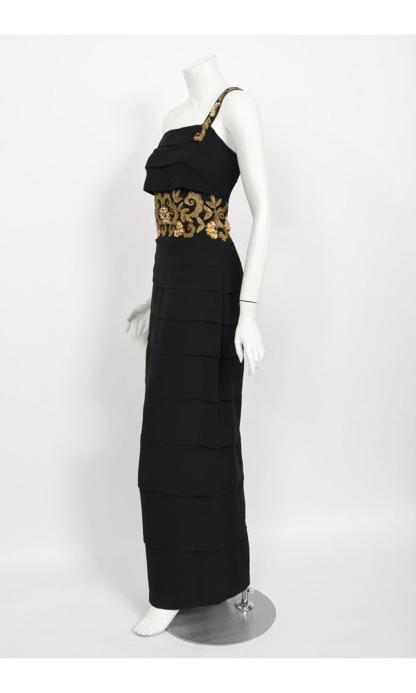 1940s Metallic Gold Embroidered Beaded Black Crepe Tiered Hourglass Gown