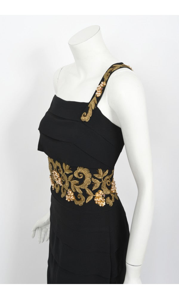 1940s Metallic Gold Embroidered Beaded Black Crepe Tiered Hourglass Gown