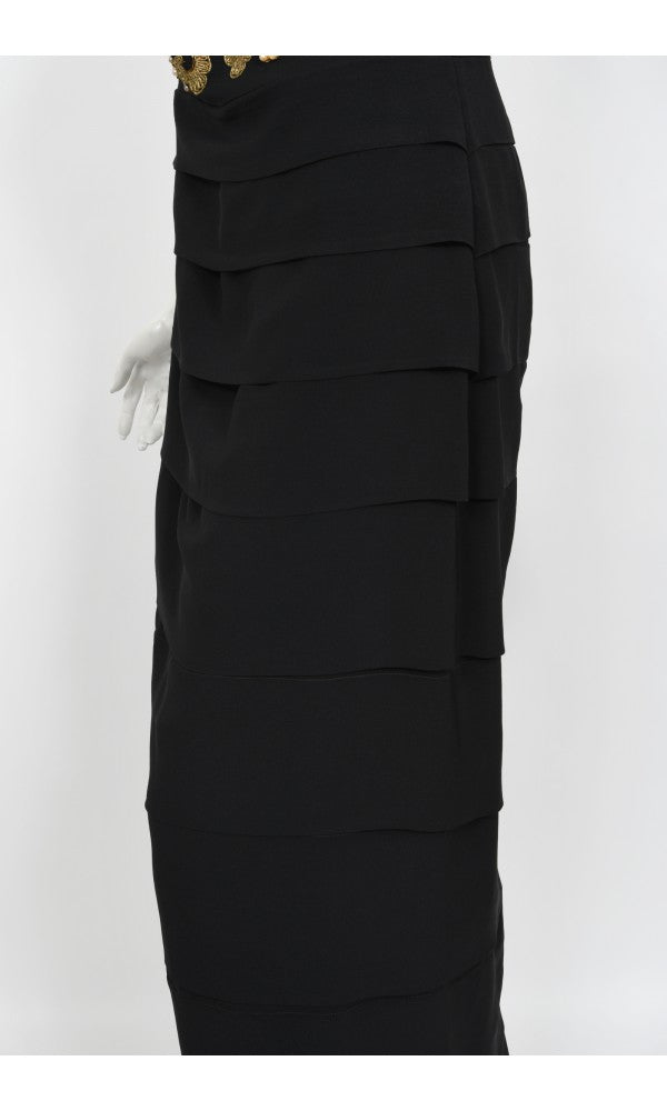 1940s Metallic Gold Embroidered Beaded Black Crepe Tiered Hourglass Gown