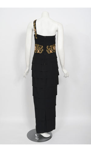 1940s Metallic Gold Embroidered Beaded Black Crepe Tiered Hourglass Gown
