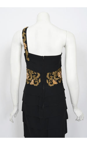 1940s Metallic Gold Embroidered Beaded Black Crepe Tiered Hourglass Gown