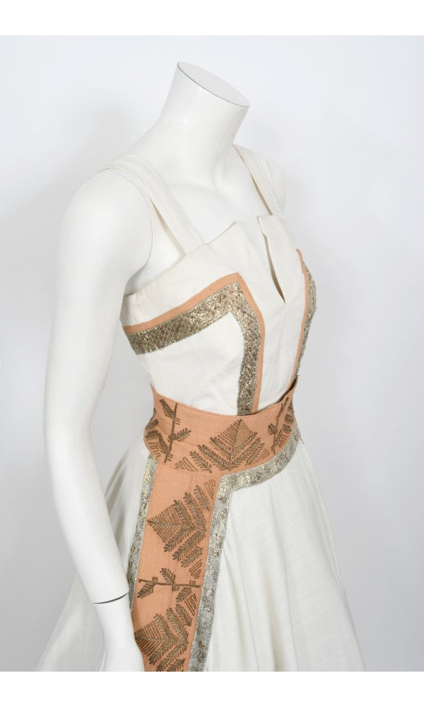 1950&#39;s Lanvin Castillo Couture Metallic Embroidered Ivory Linen Gown Set