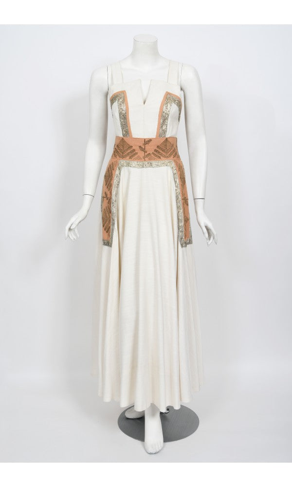 1950&#39;s Lanvin Castillo Couture Metallic Embroidered Ivory Linen Gown Set