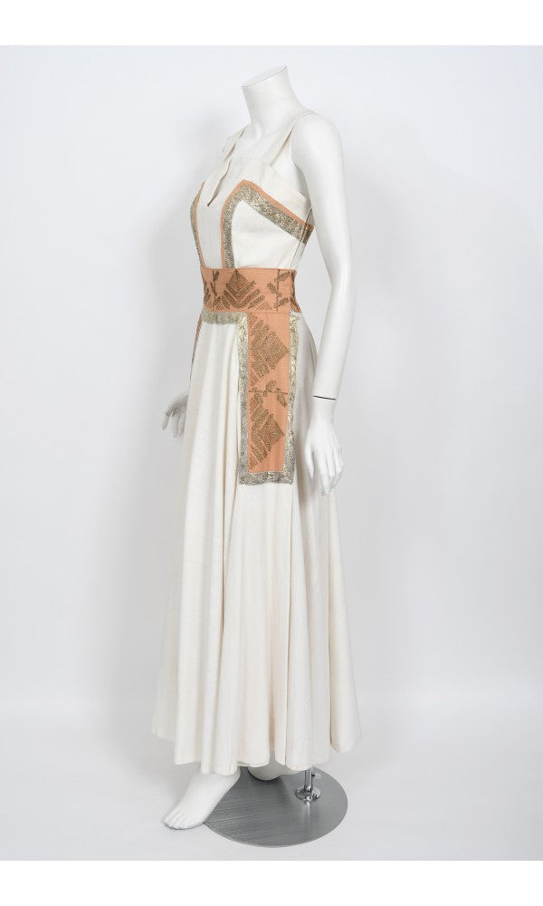 1950&#39;s Lanvin Castillo Couture Metallic Embroidered Ivory Linen Gown Set