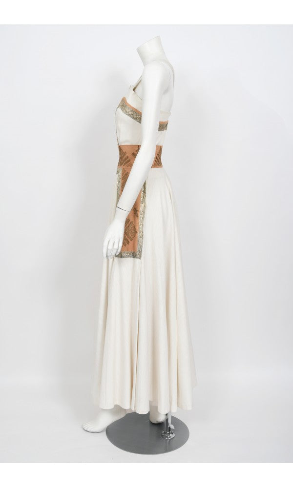1950&#39;s Lanvin Castillo Couture Metallic Embroidered Ivory Linen Gown Set